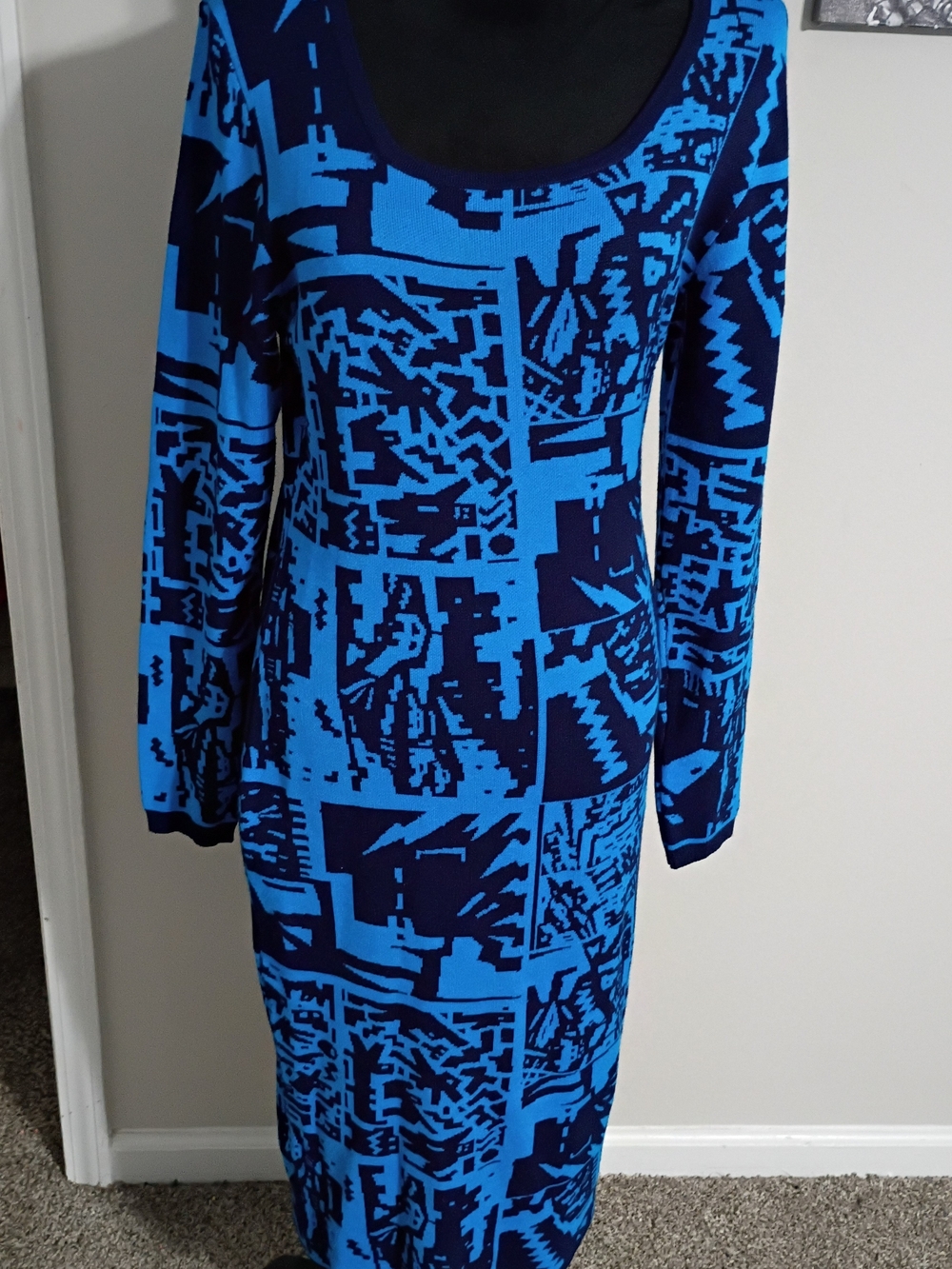 Blue Graphic Long Sleeve Bodycon Midi Dress